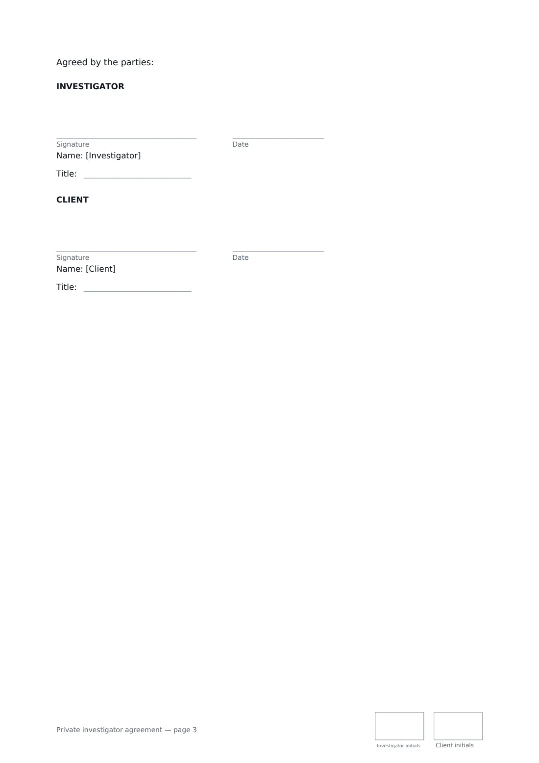 Private investigator agreement — page 3 of 3