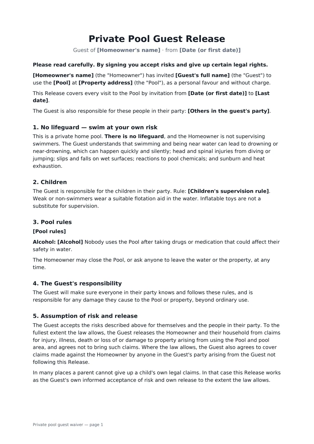 Private pool guest waiver — page 1 of 2
