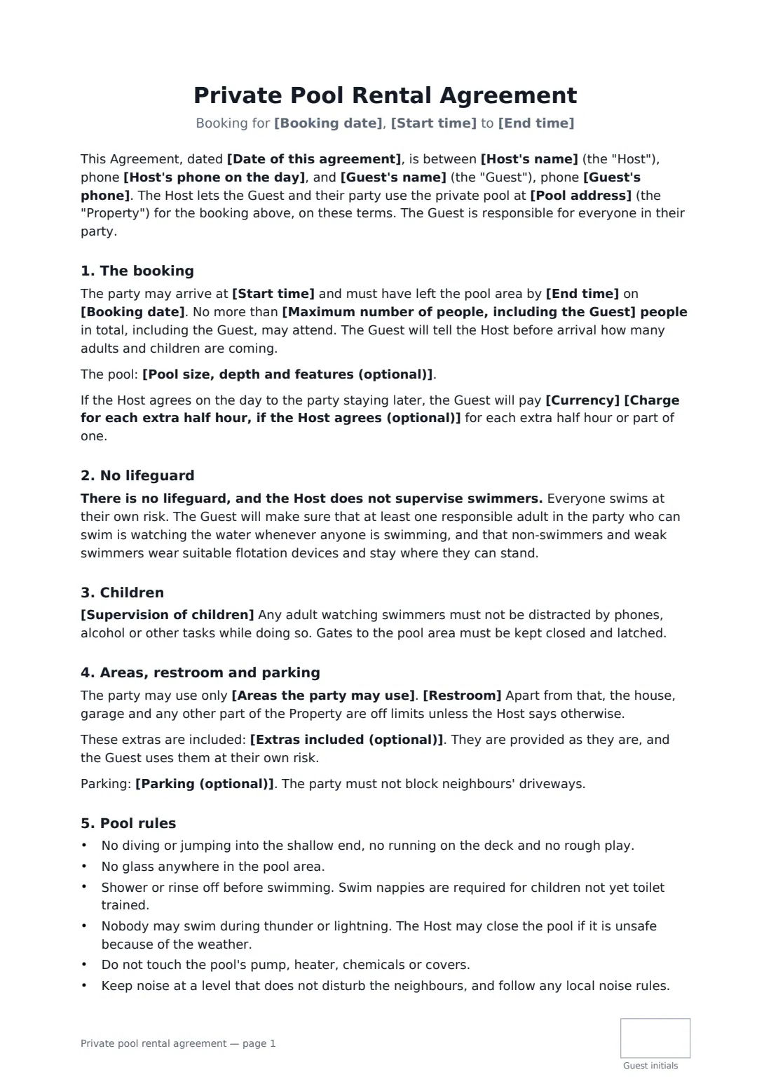 Private pool rental agreement — page 1 of 3