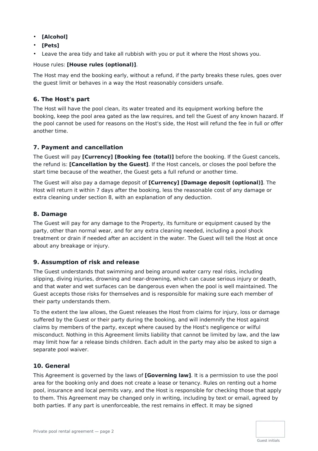 Private pool rental agreement — page 2 of 3