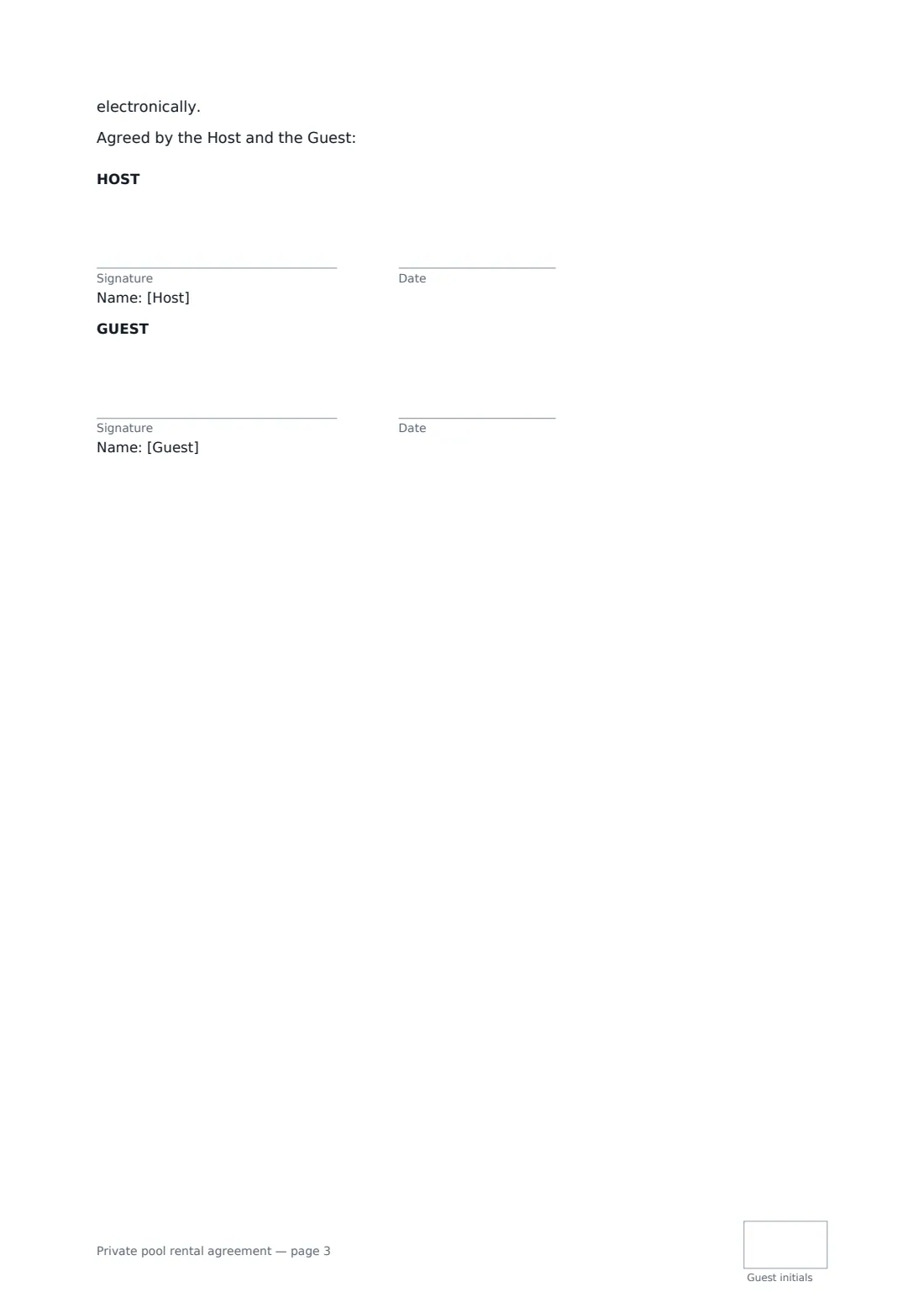 Private pool rental agreement — page 3 of 3