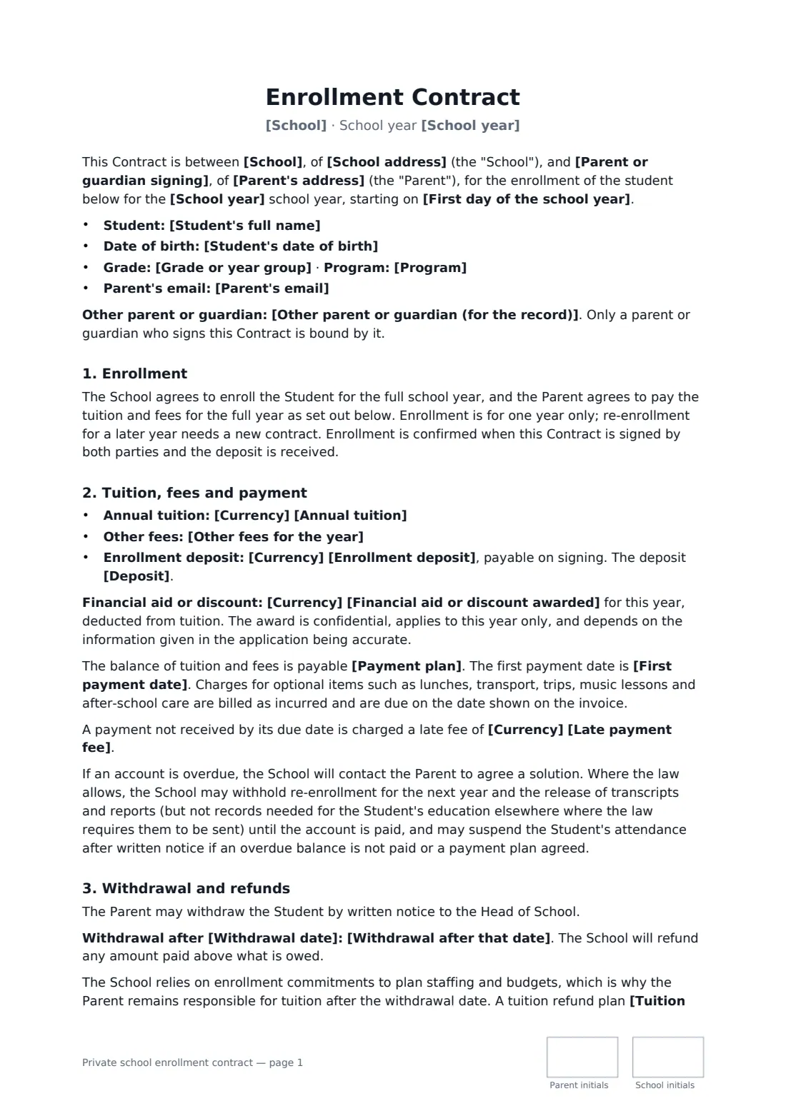 Private school enrollment contract — page 1 of 3