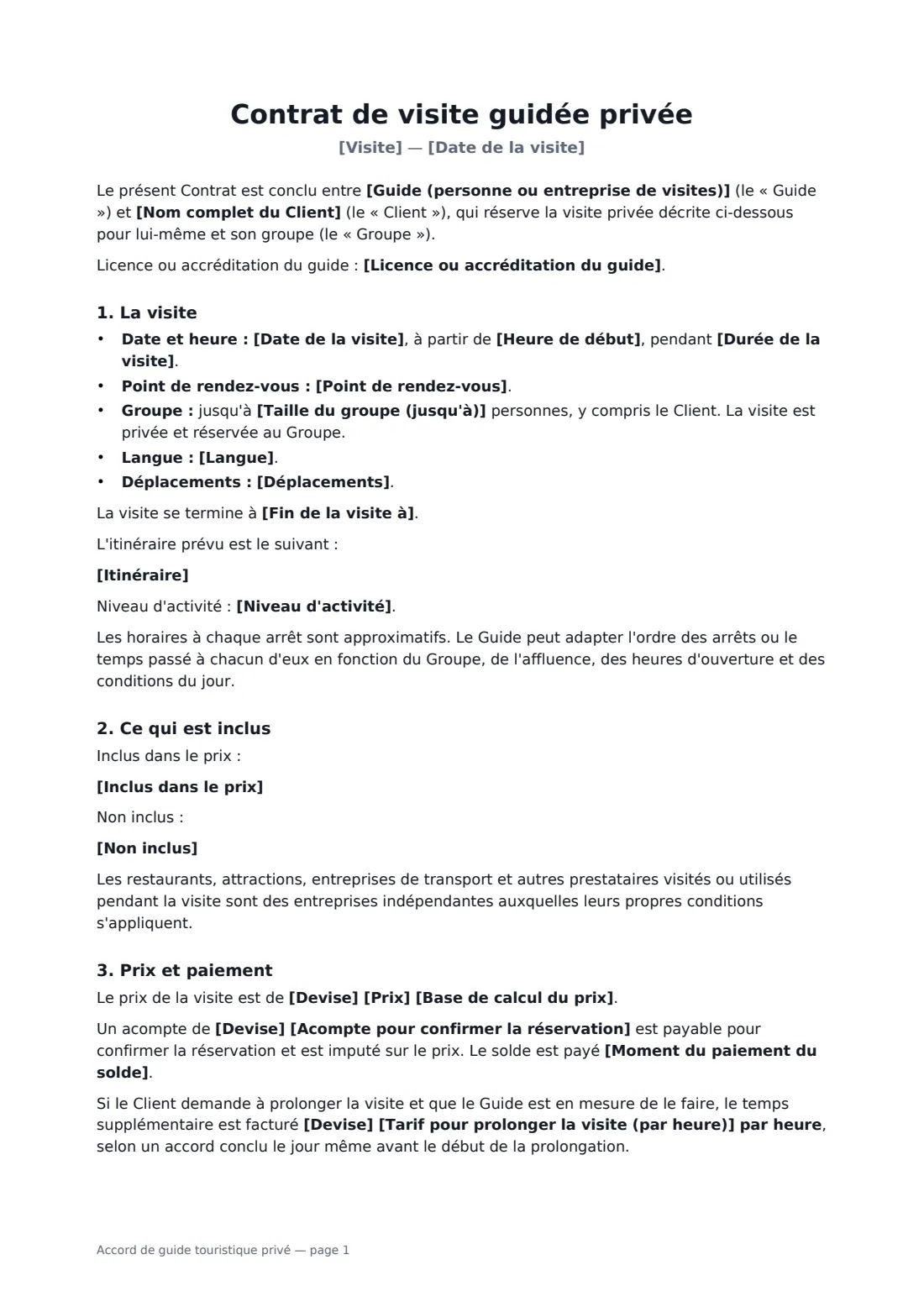 Accord de guide touristique privé — page 1 sur 3