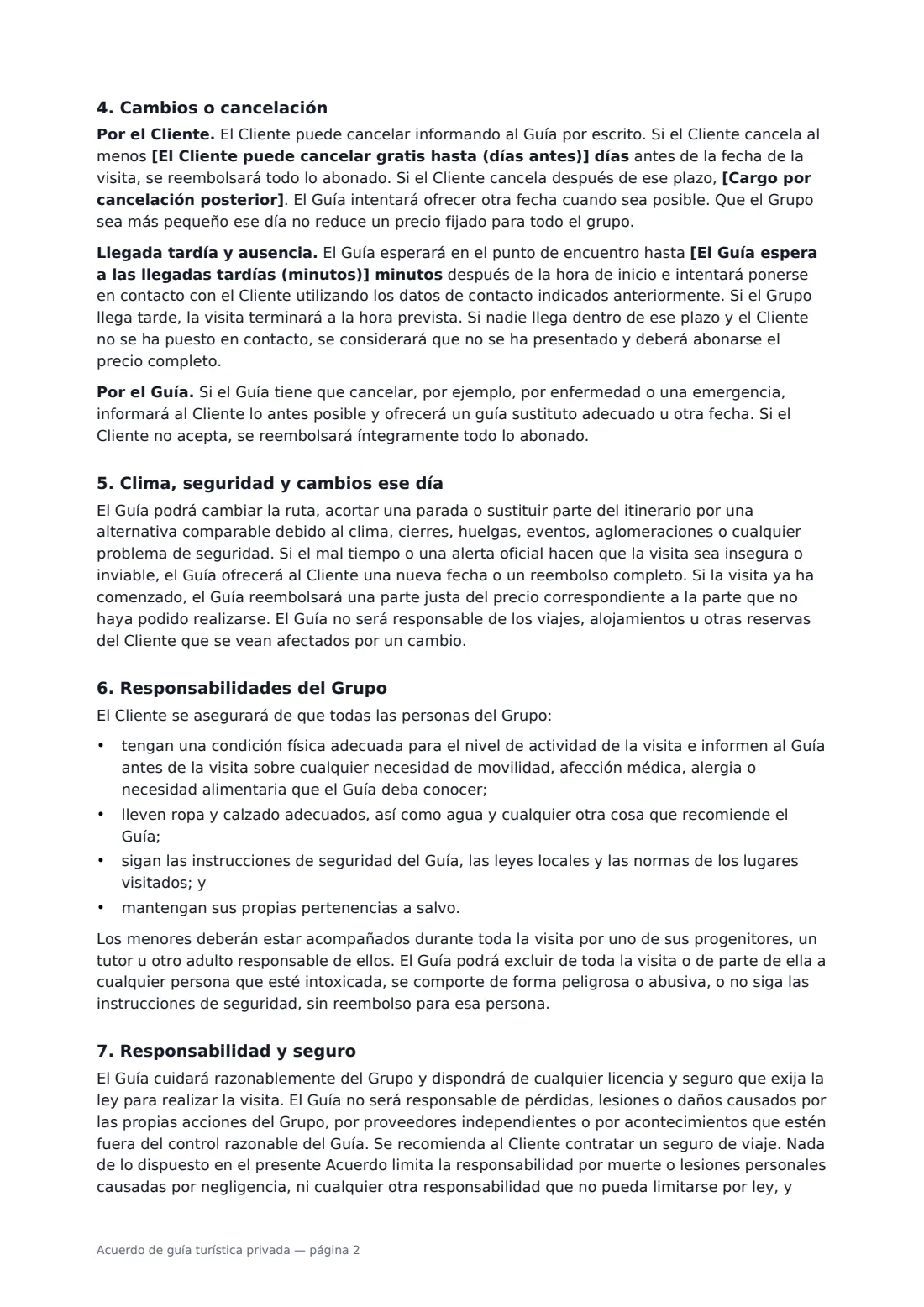 Acuerdo de guía turística privada: página 2 de 3