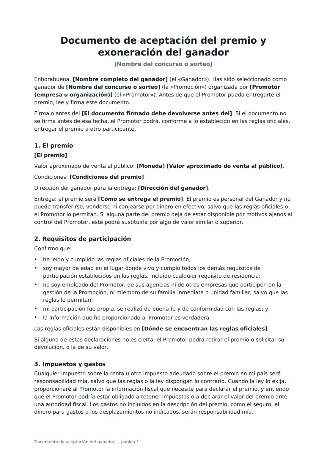 Documento de aceptación del ganador: página 1 de 2