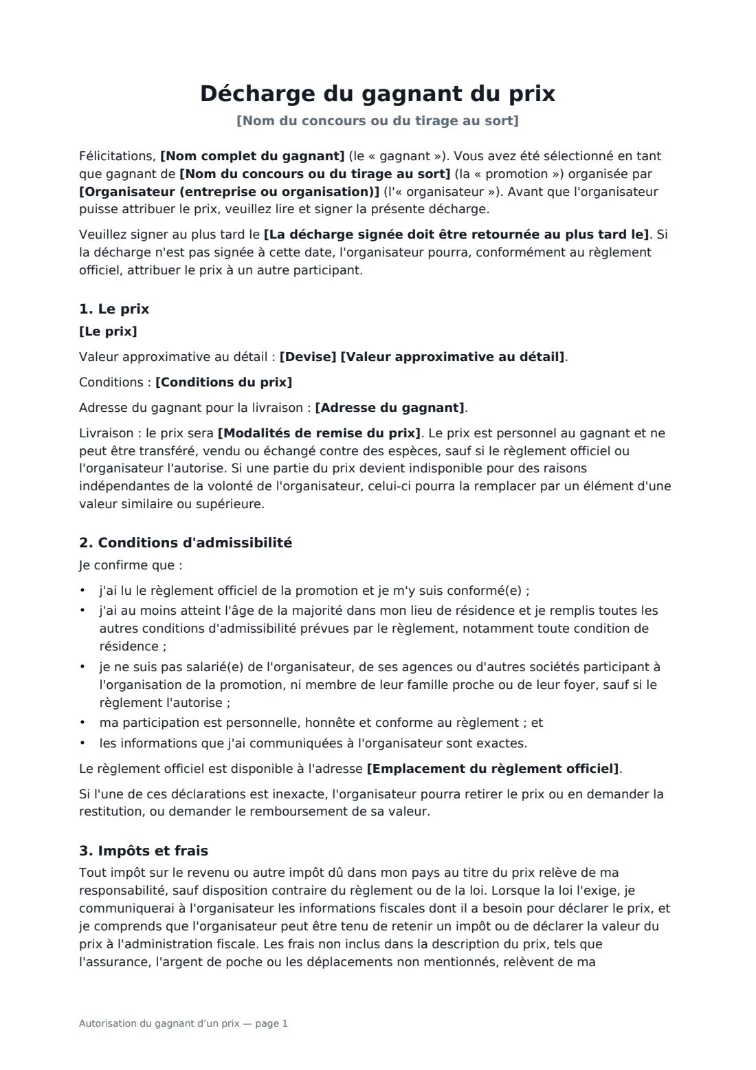 Autorisation du gagnant d’un prix — page 1 sur 2