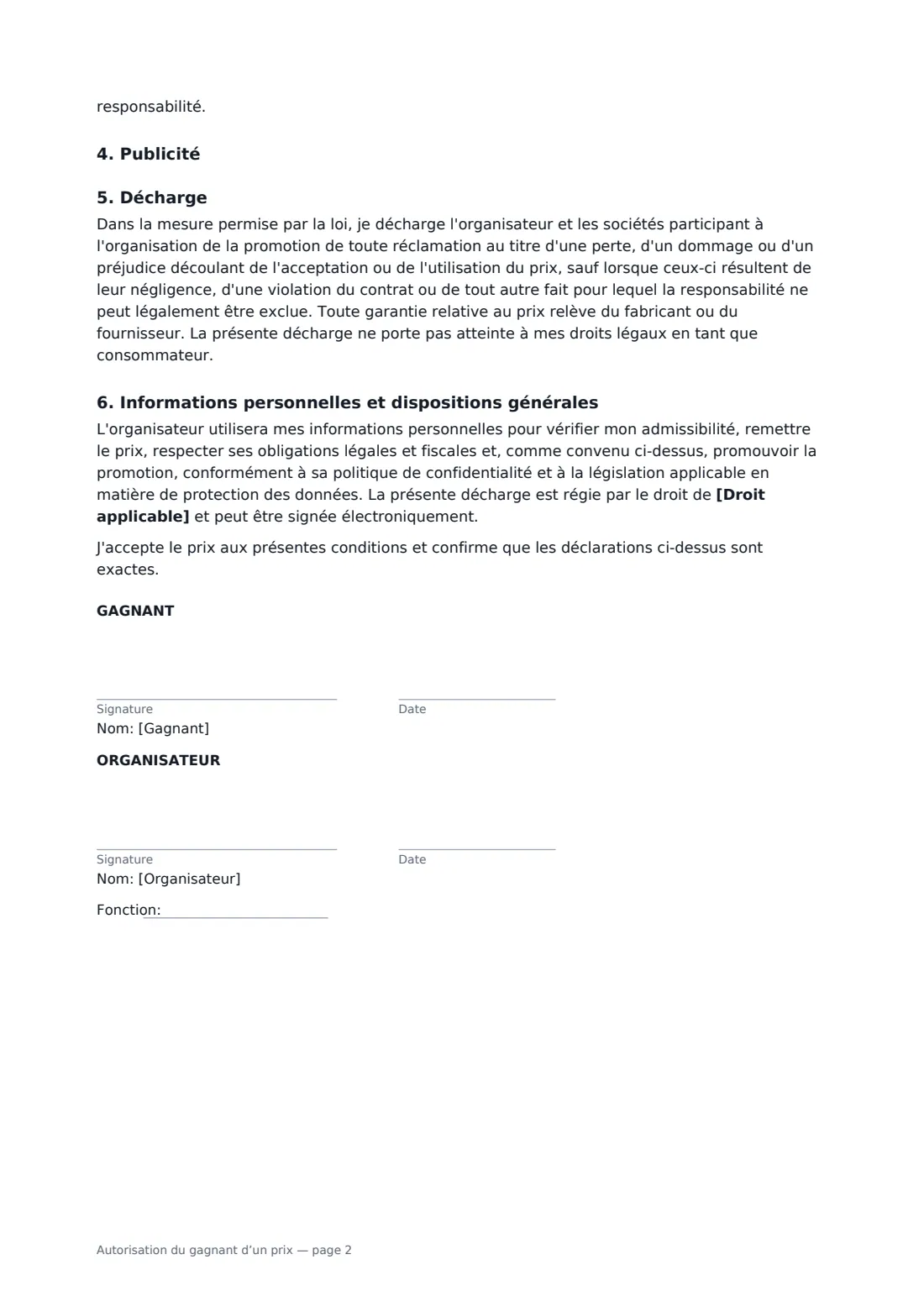 Autorisation du gagnant d’un prix — page 2 sur 2