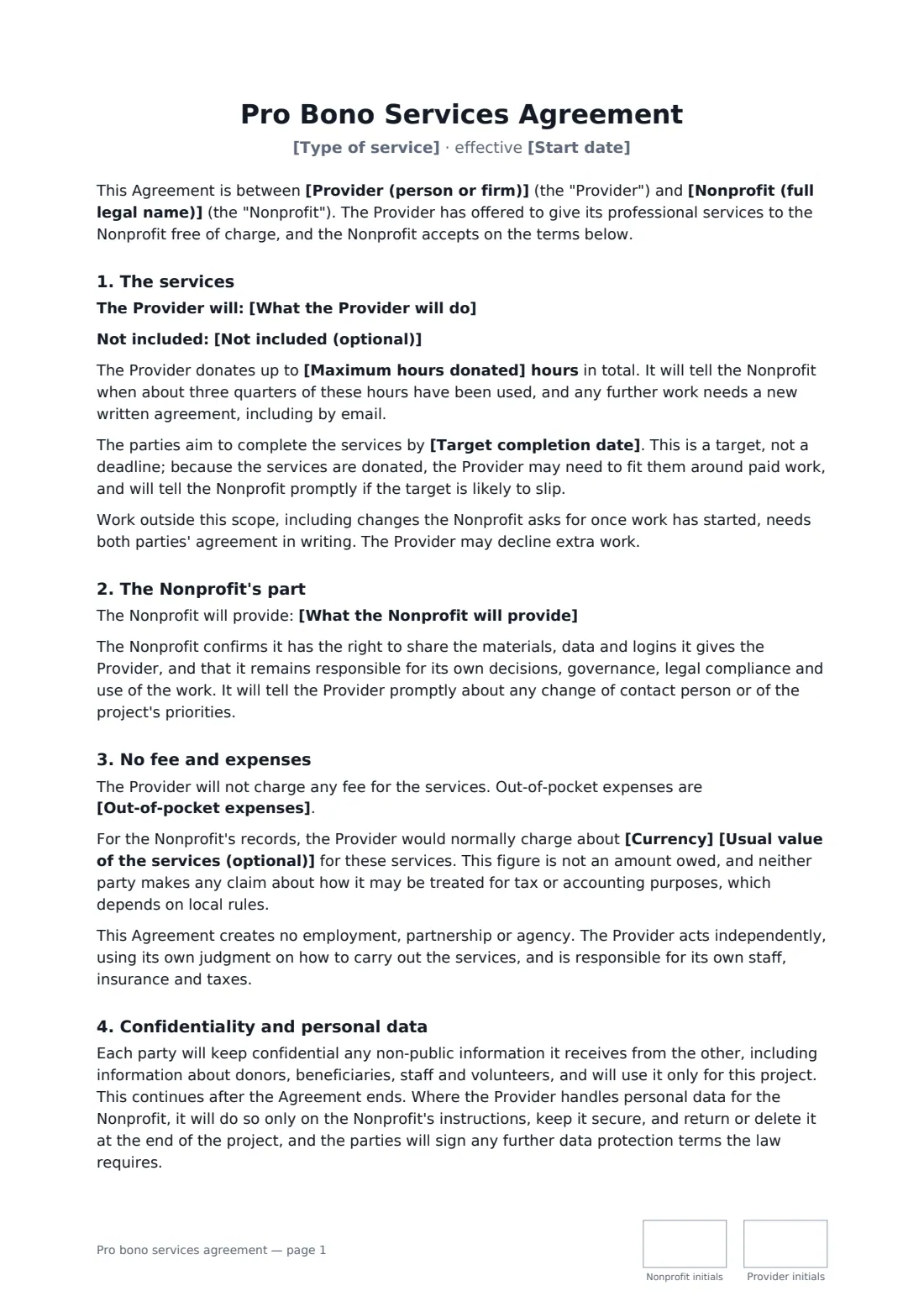 Pro bono services agreement — page 1 of 3
