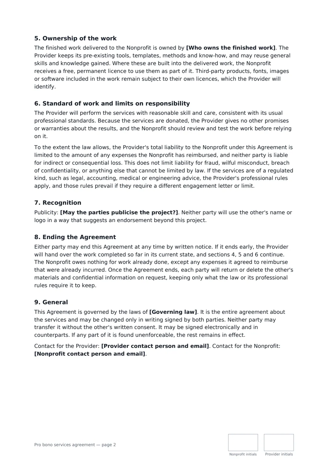 Pro bono services agreement — page 2 of 3
