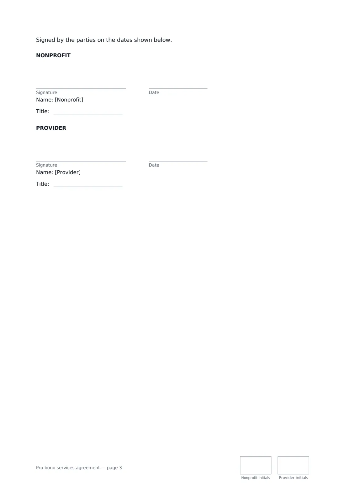 Pro bono services agreement — page 3 of 3