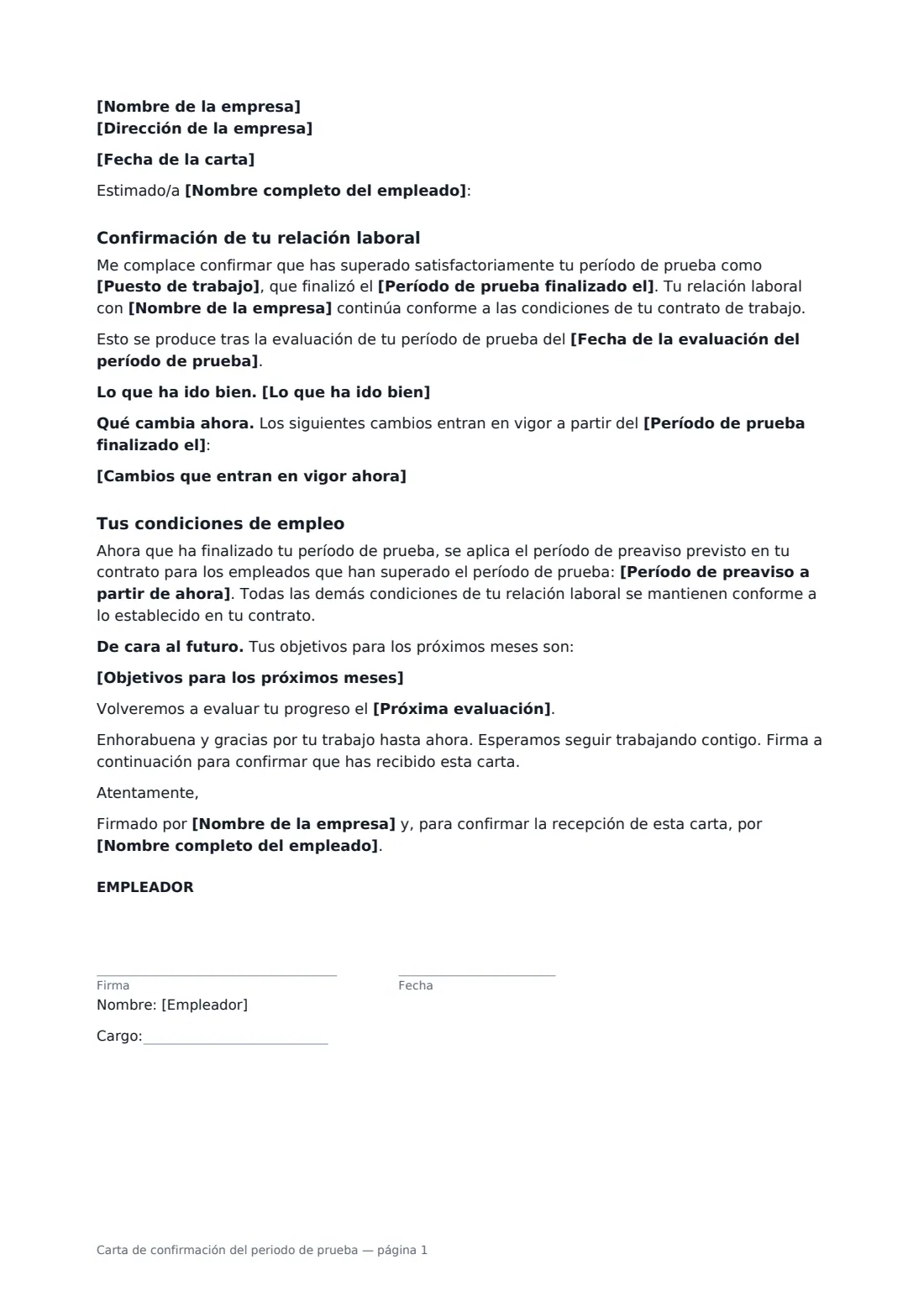 Carta de confirmación del periodo de prueba: página 1 de 2