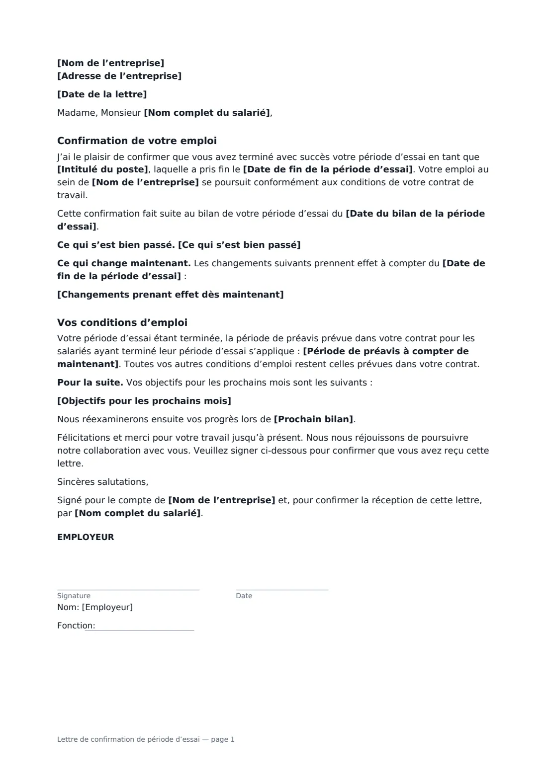 Lettre de confirmation de période d’essai — page 1 sur 2