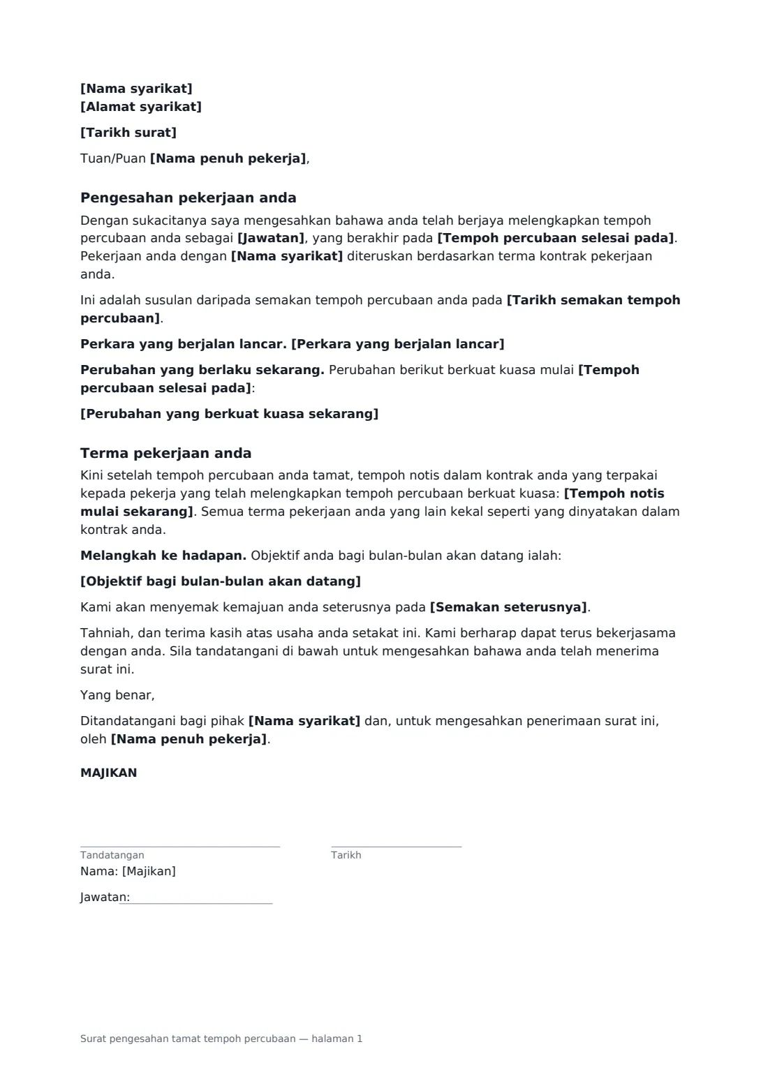 Surat pengesahan tamat tempoh percubaan — halaman 1 daripada 2