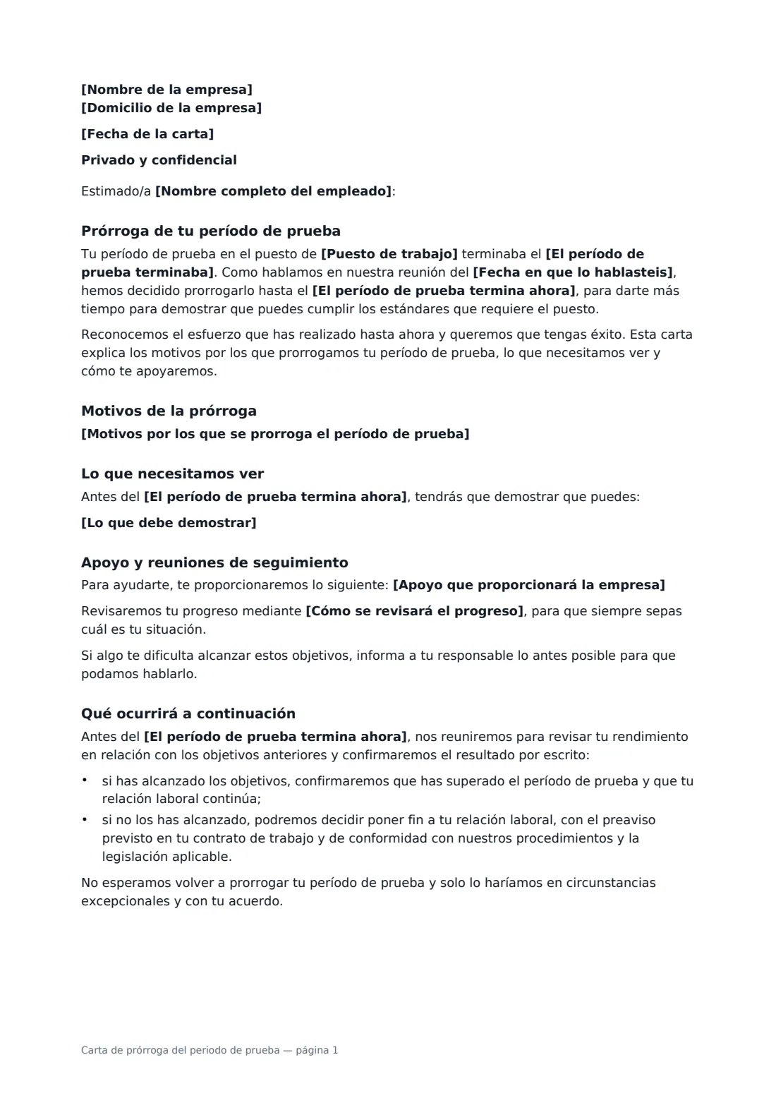 Carta de prórroga del periodo de prueba: página 1 de 2