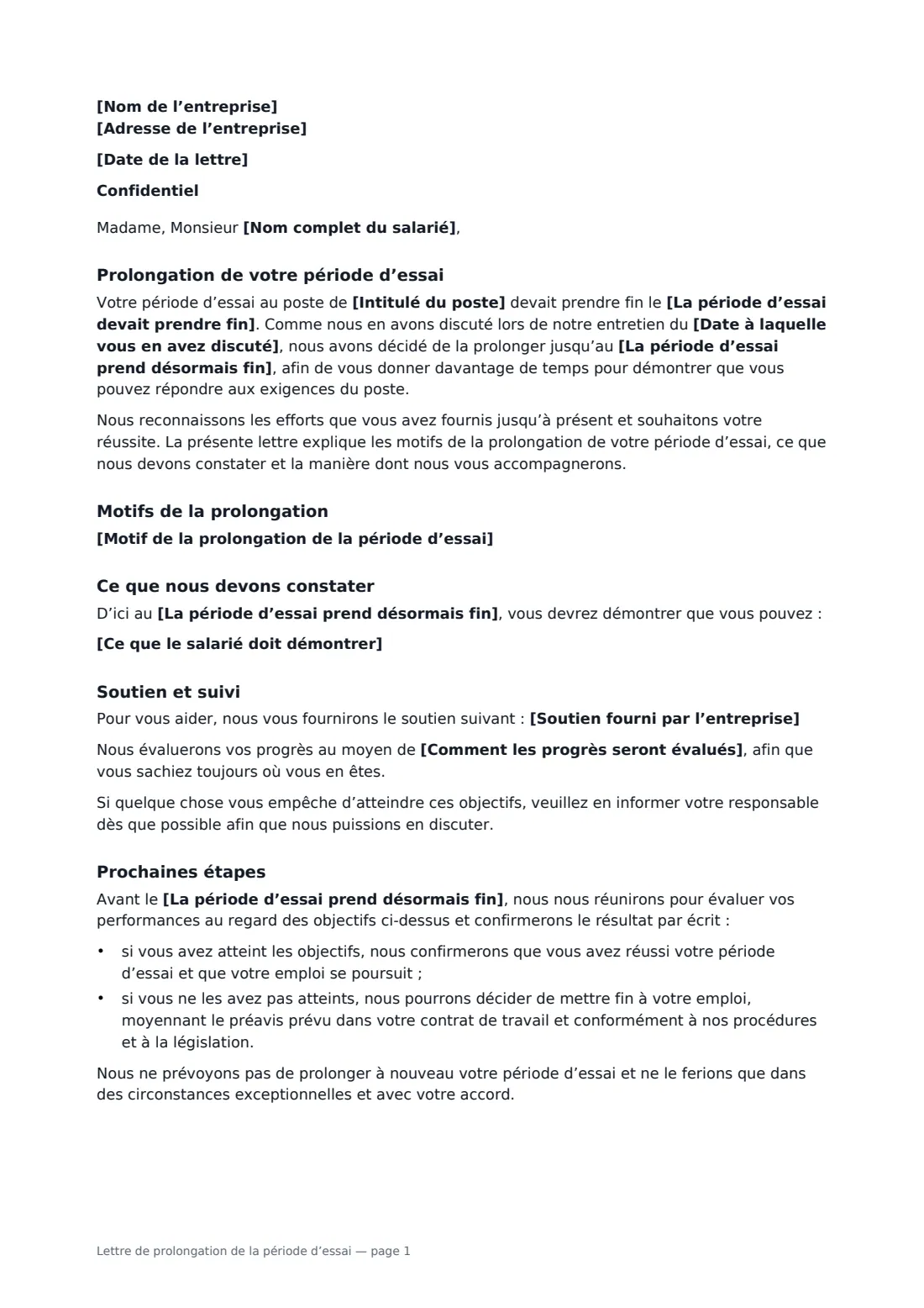 Lettre de prolongation de la période d’essai — page 1 sur 2