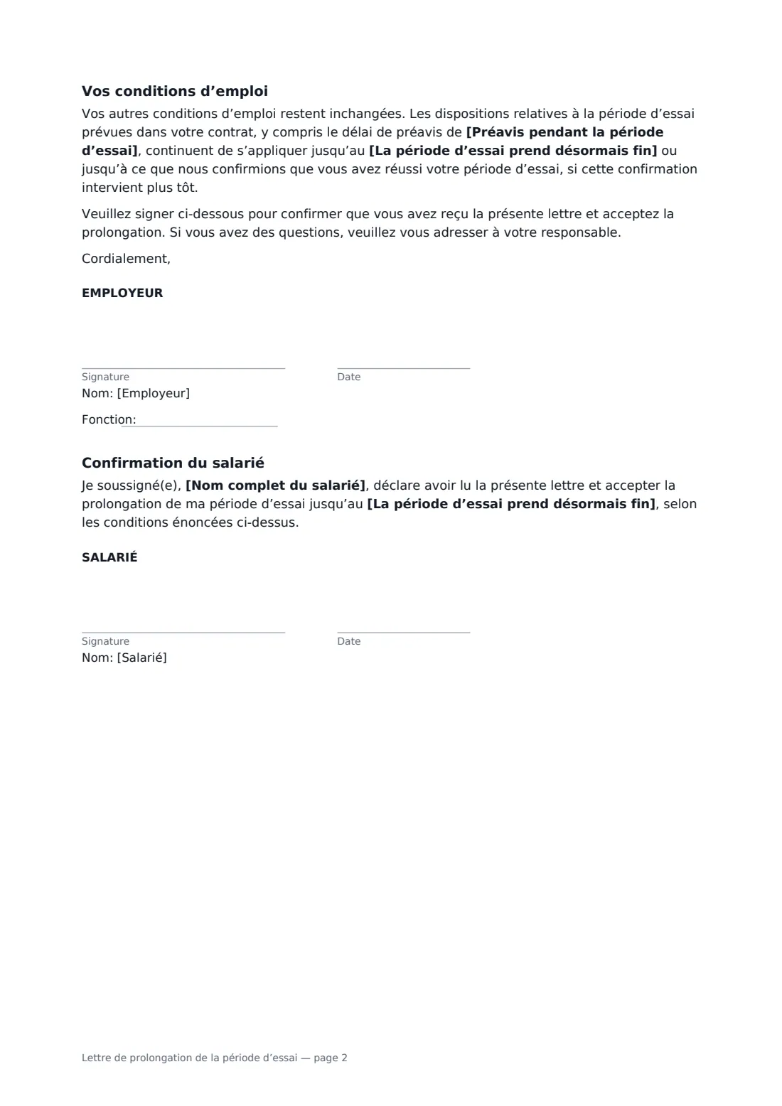 Lettre de prolongation de la période d’essai — page 2 sur 2