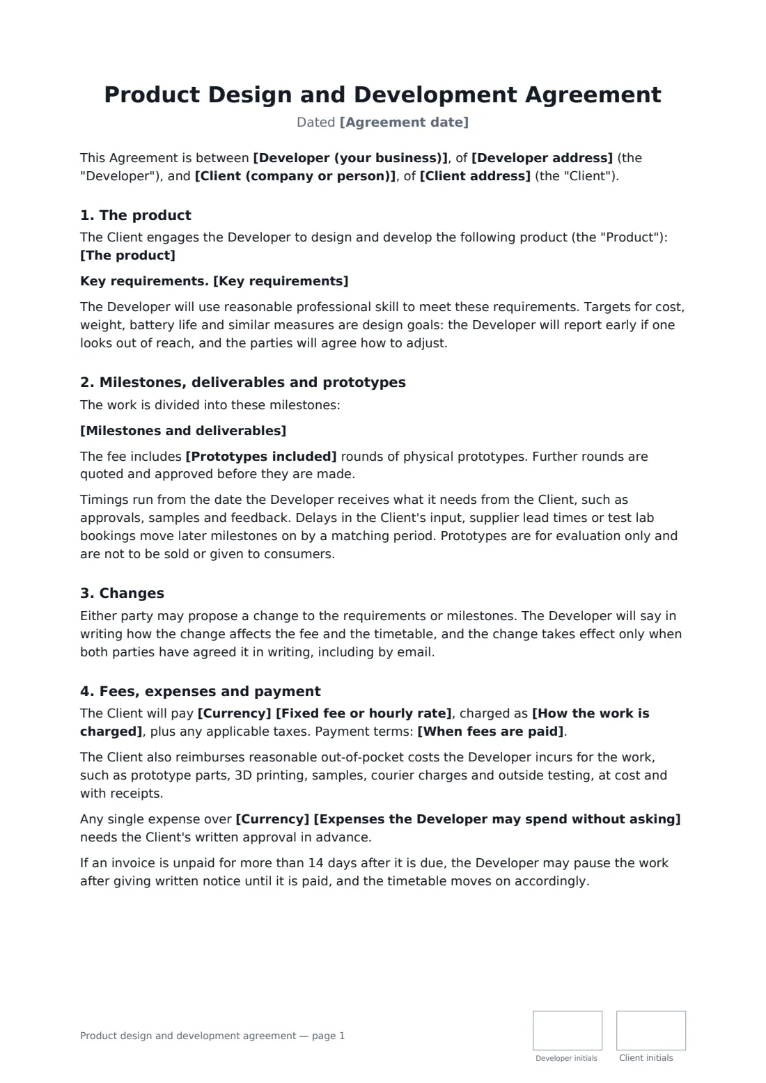 Product design and development agreement — page 1 of 3