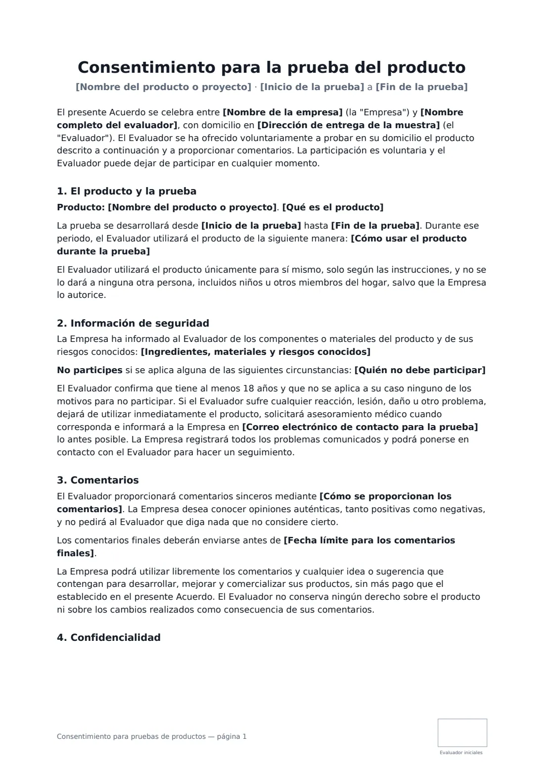Consentimiento para pruebas de productos: página 1 de 2