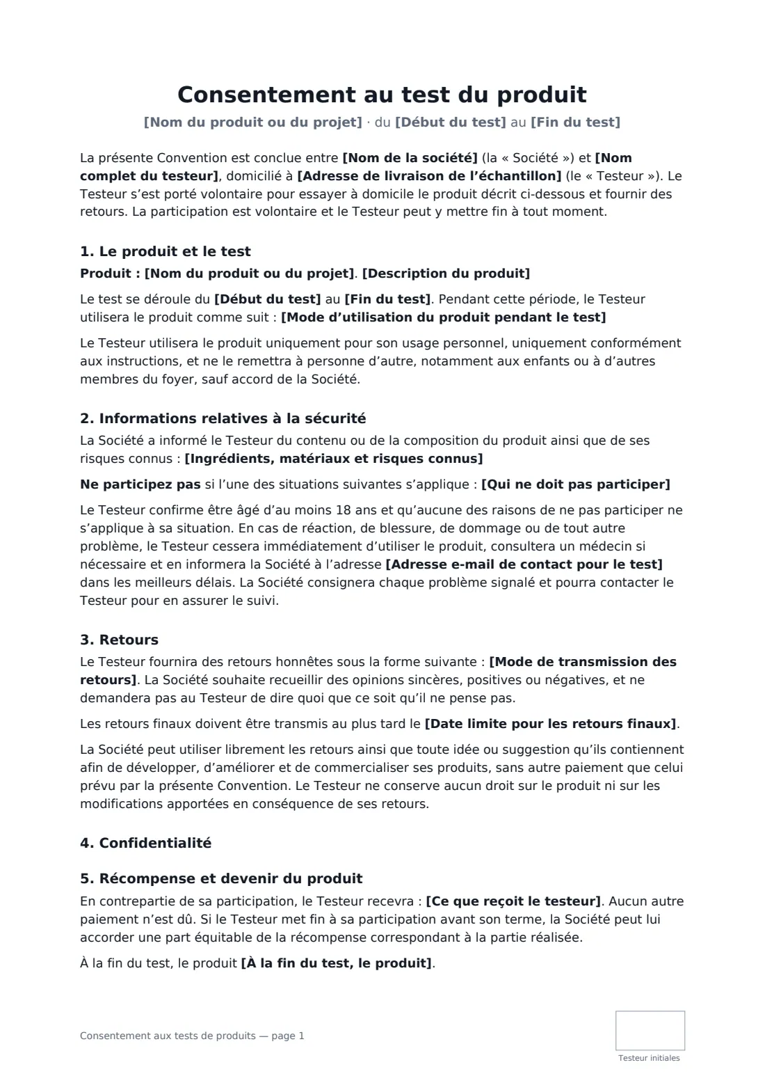 Consentement aux tests de produits — page 1 sur 2