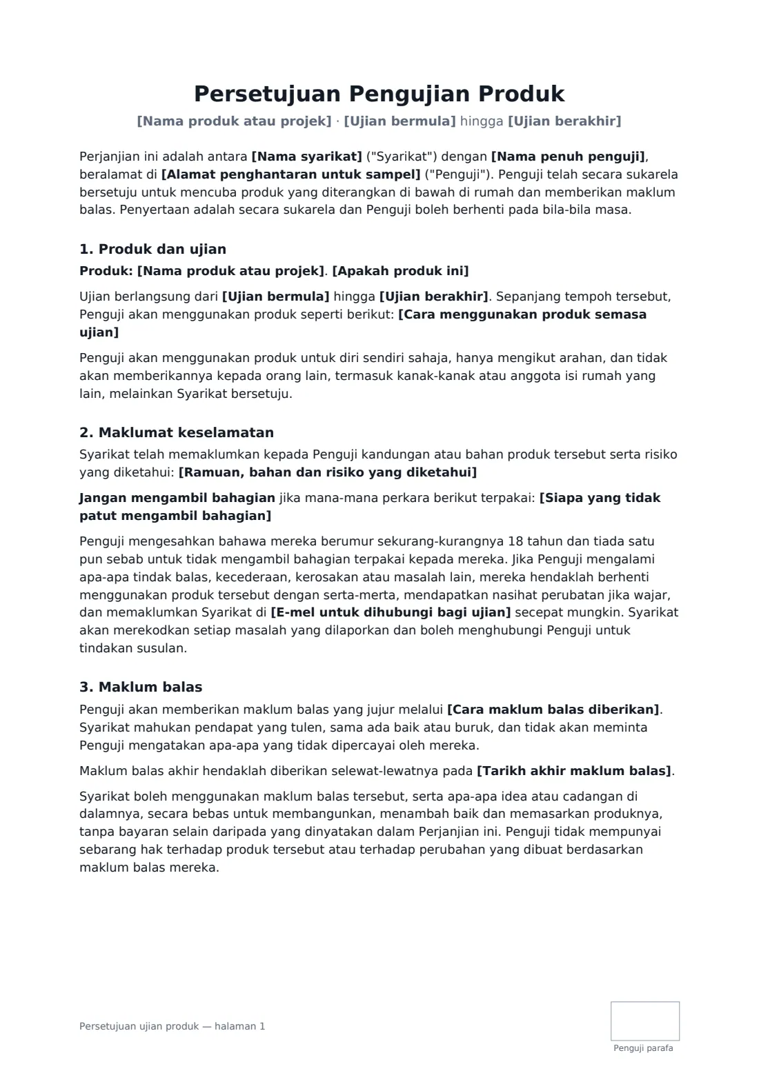 Persetujuan ujian produk — halaman 1 daripada 2