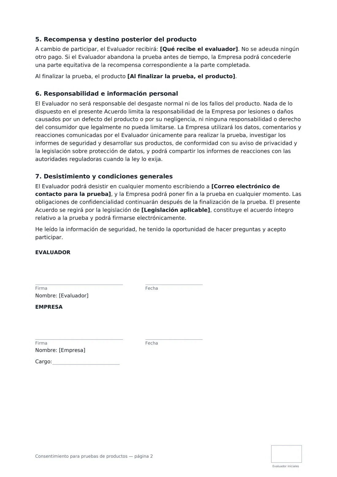Consentimiento para pruebas de productos: página 2 de 2