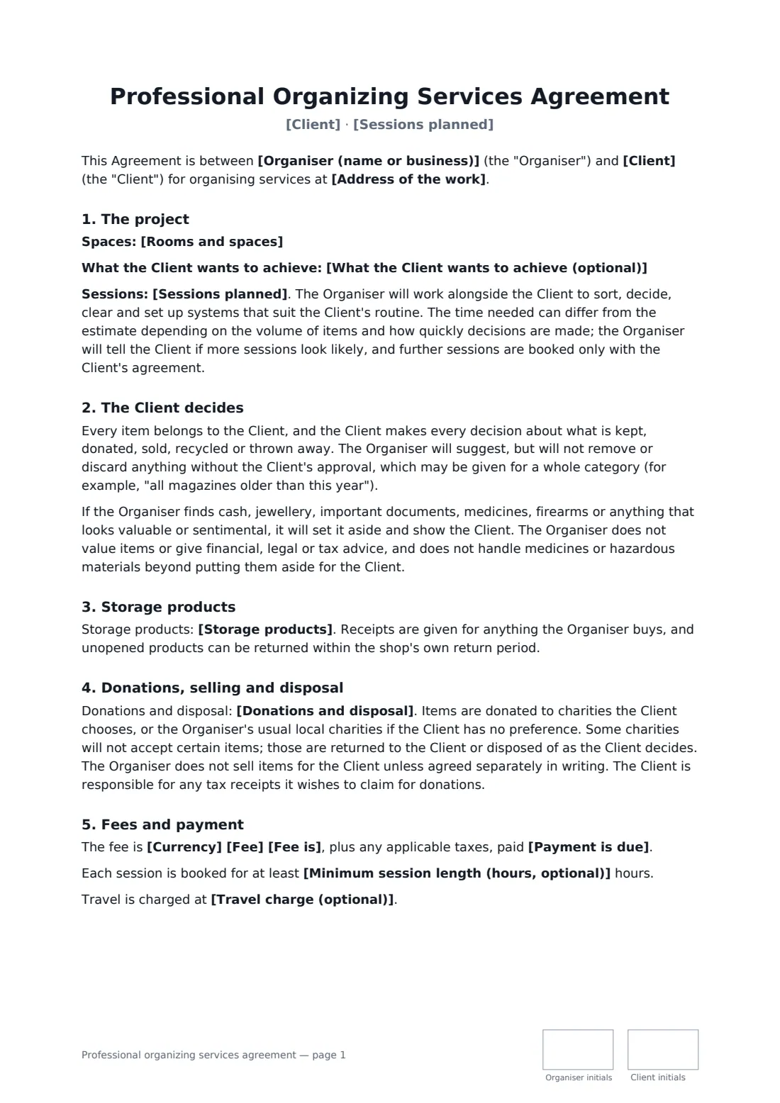 Professional organizing services agreement — page 1 of 2