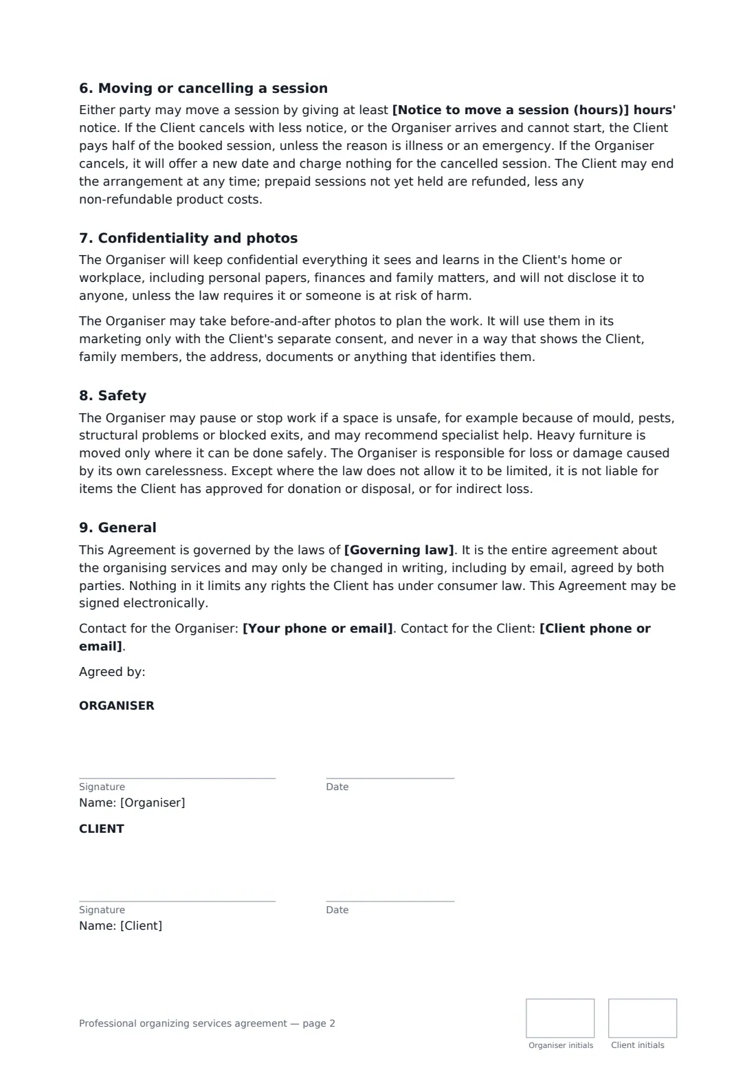 Professional organizing services agreement — page 2 of 2