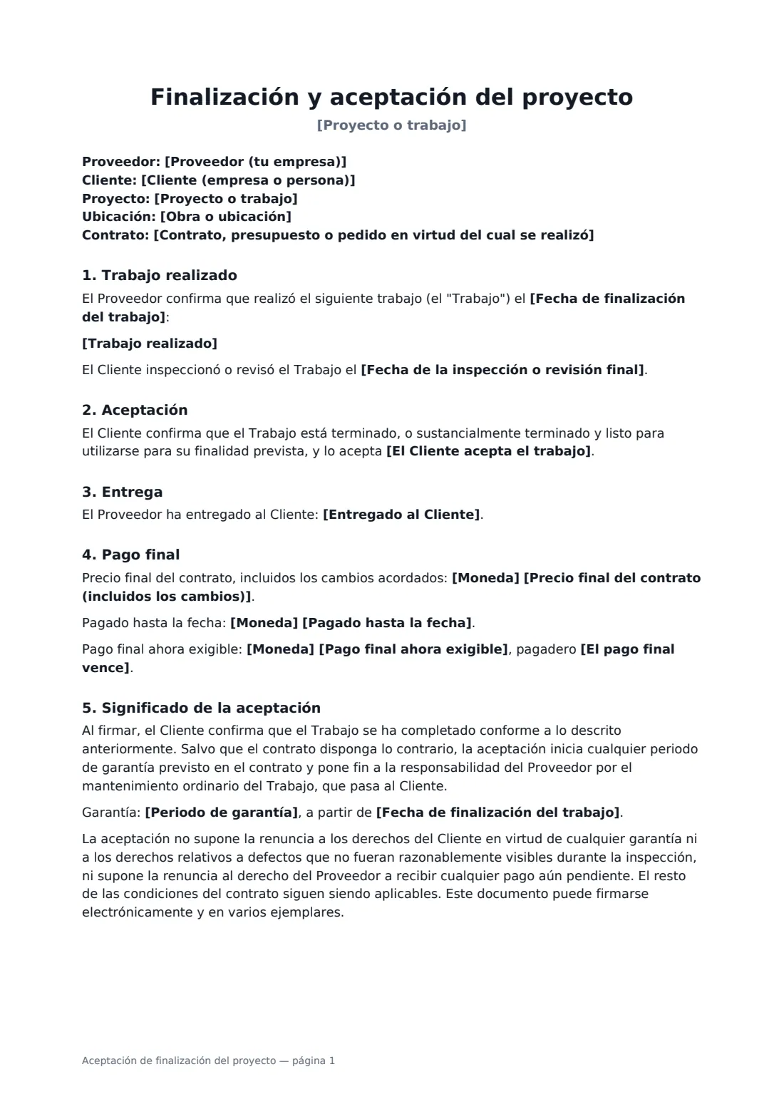 Aceptación de finalización del proyecto: página 1 de 2