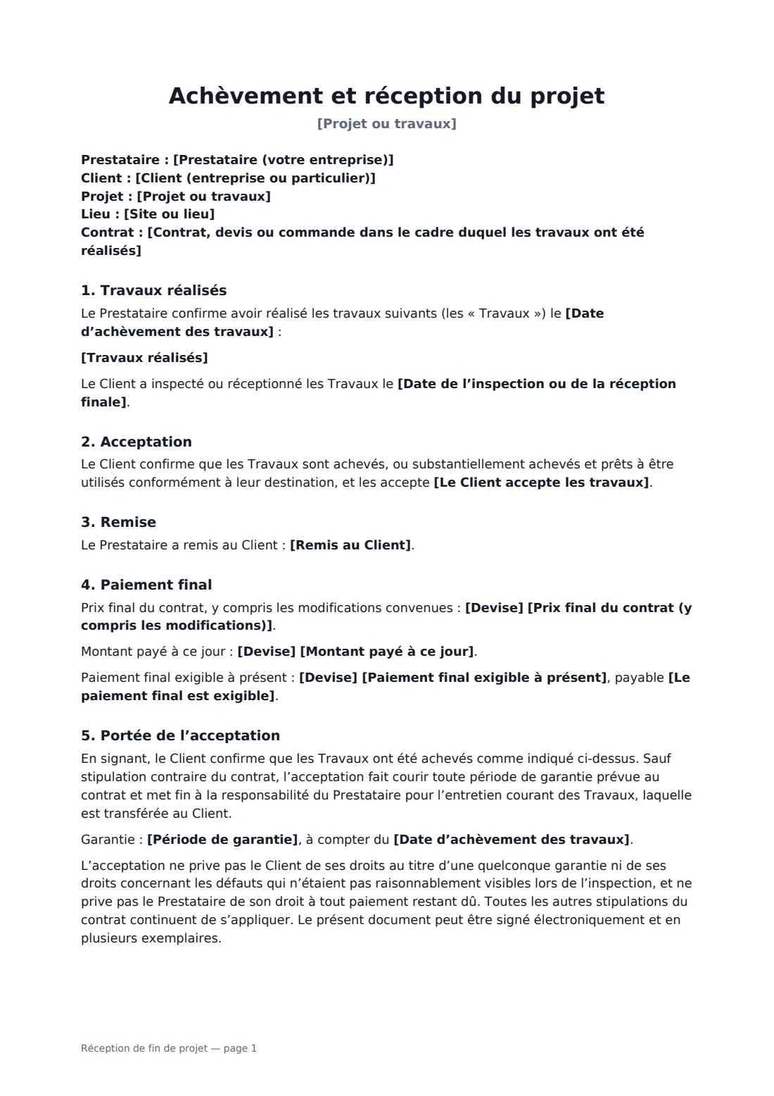 Réception de fin de projet — page 1 sur 2