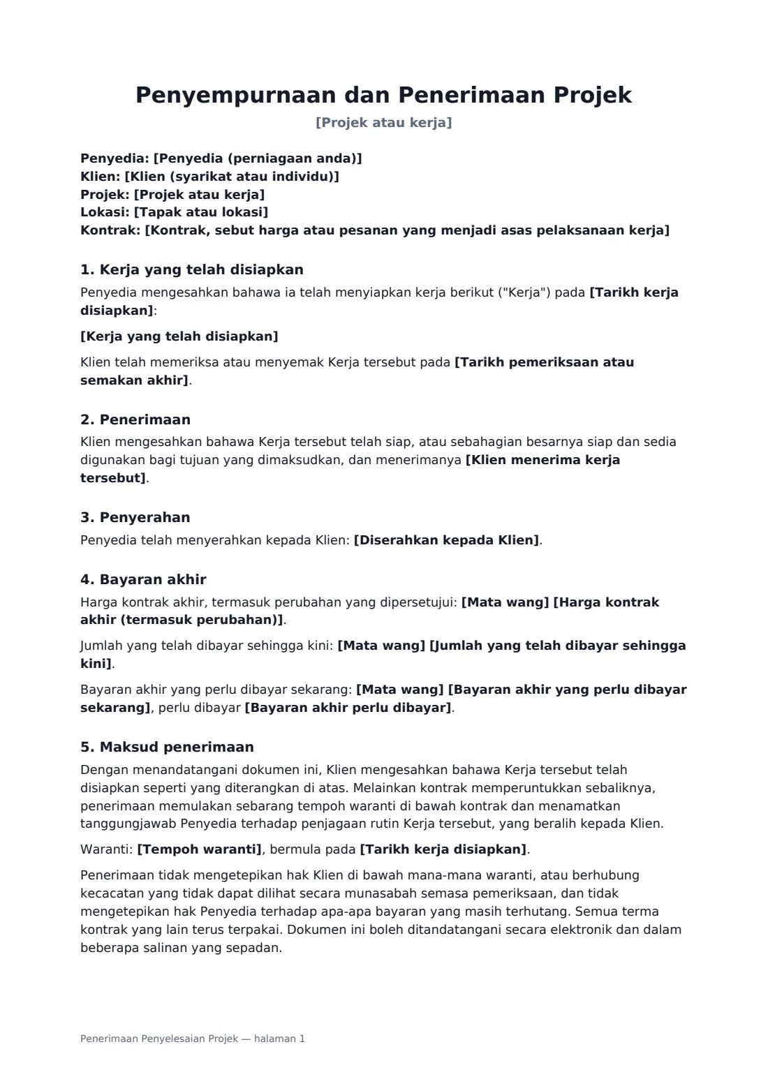 Penerimaan Penyelesaian Projek — halaman 1 daripada 2