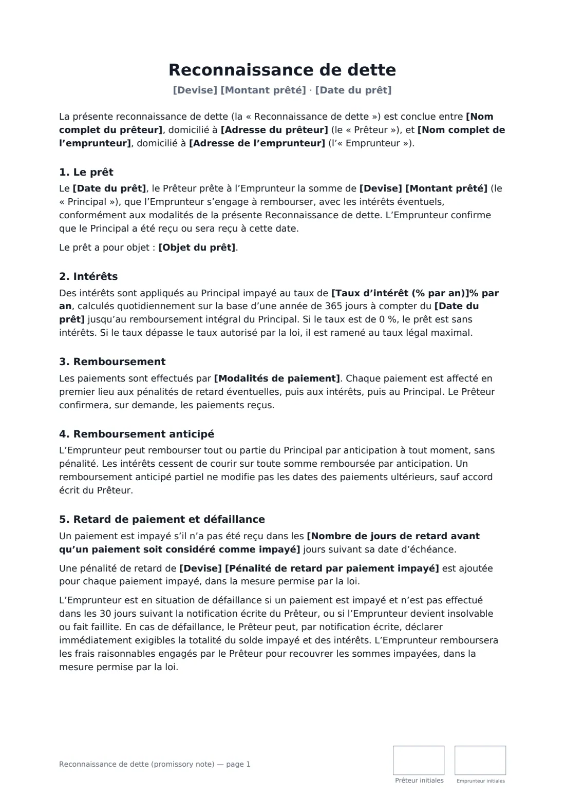 Reconnaissance de dette (promissory note) — page 1 sur 2