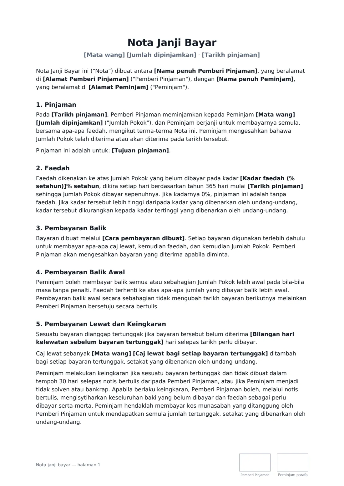 Nota janji bayar — halaman 1 daripada 2