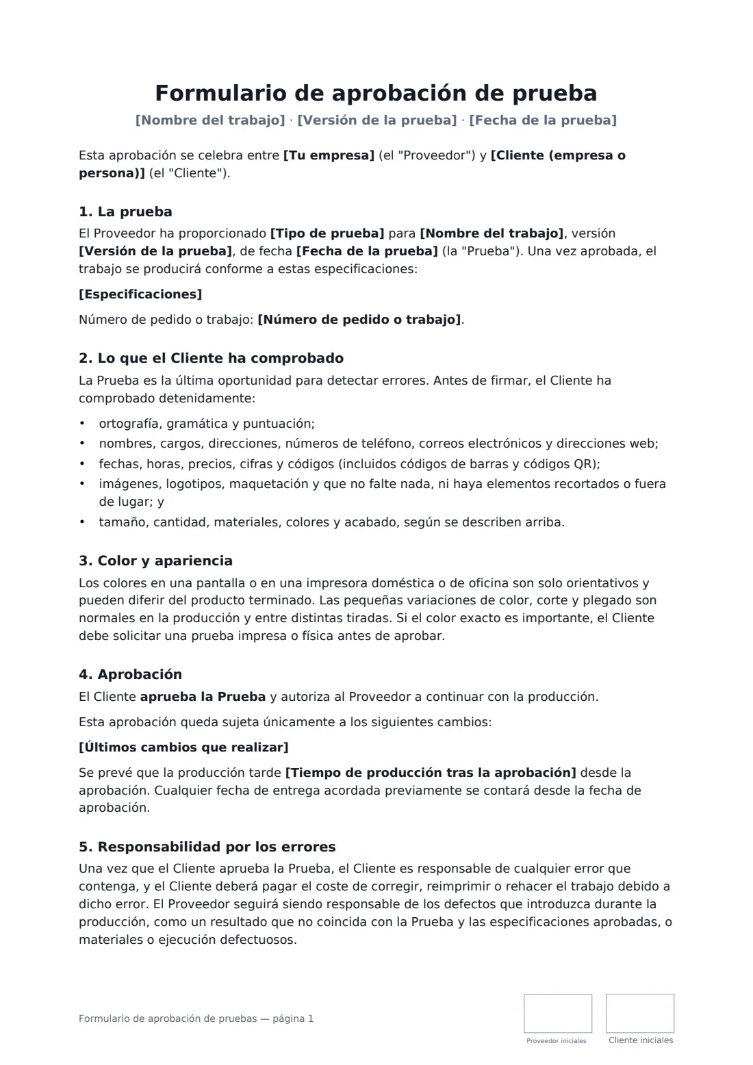 Formulario de aprobación de pruebas: página 1 de 2