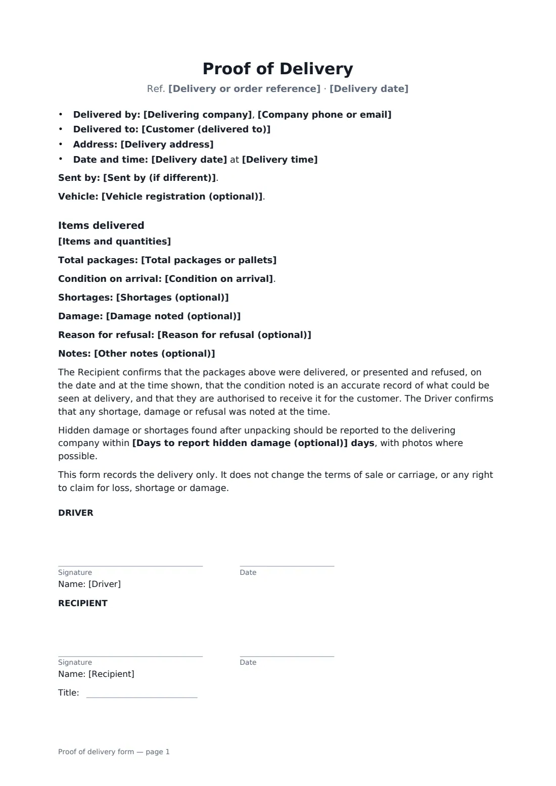 Proof of delivery form — page 1 of 1