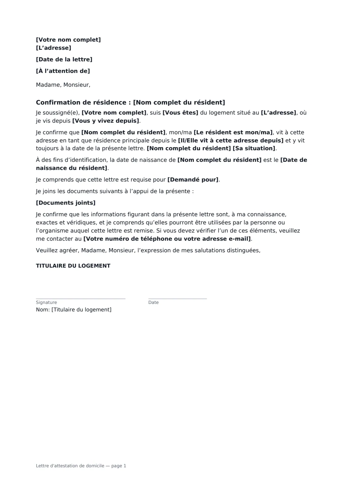 Lettre d'attestation de domicile — page 1 sur 1