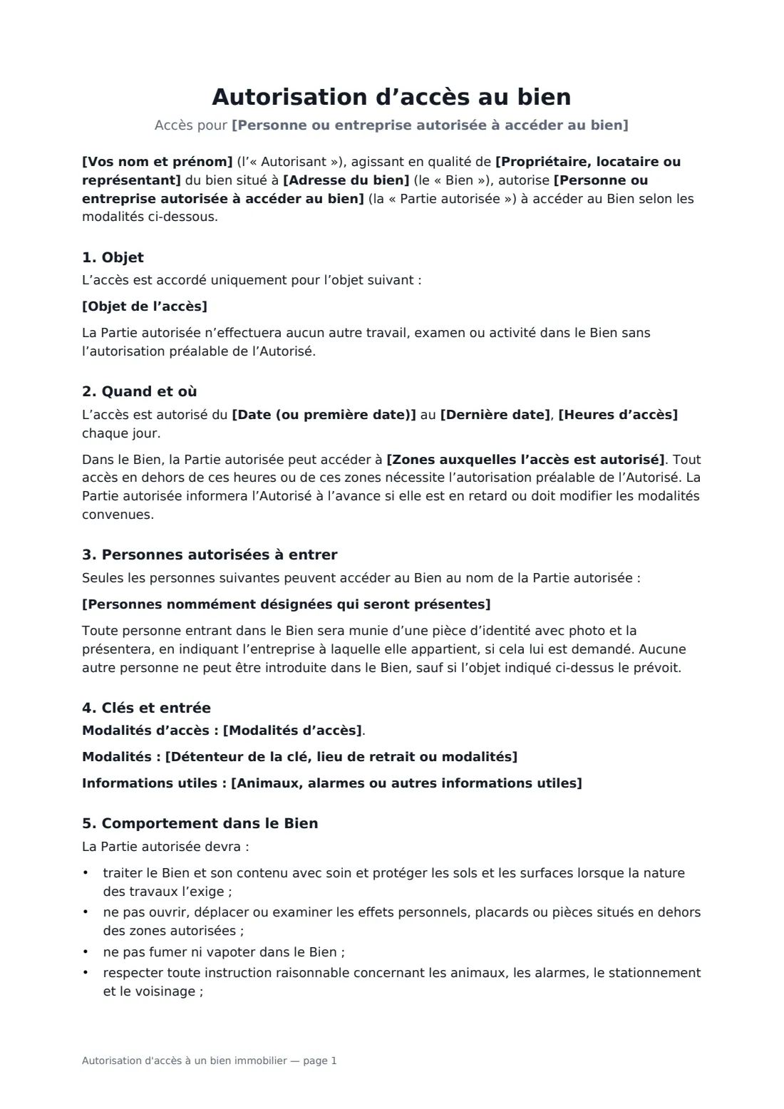Autorisation d'accès à un bien immobilier — page 1 sur 2