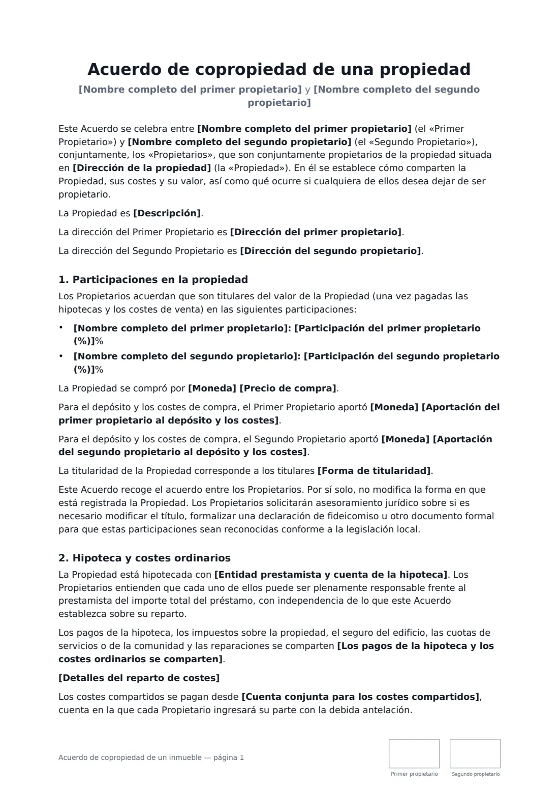 Acuerdo de copropiedad de un inmueble: página 1 de 3