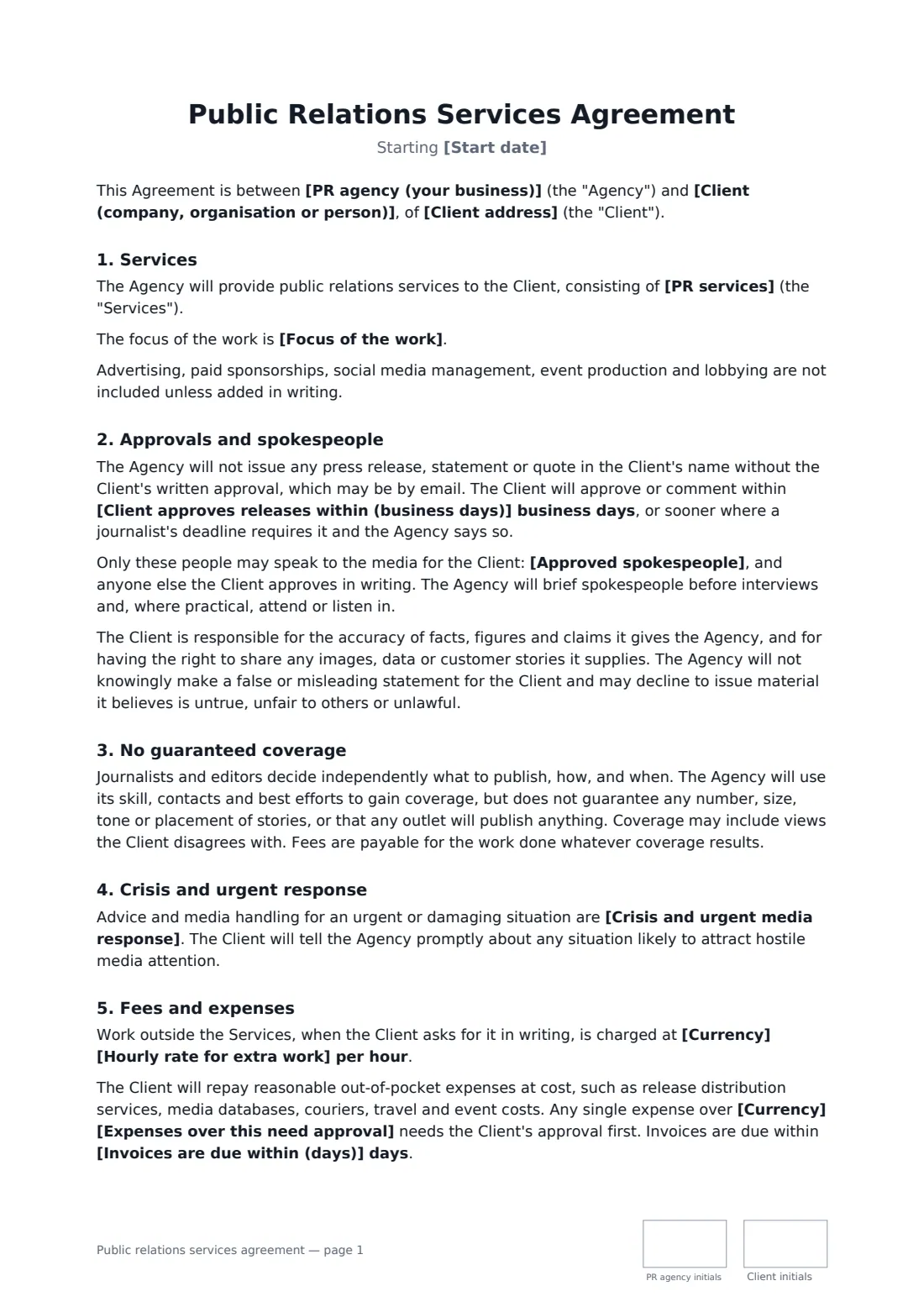 Public relations services agreement — page 1 of 2