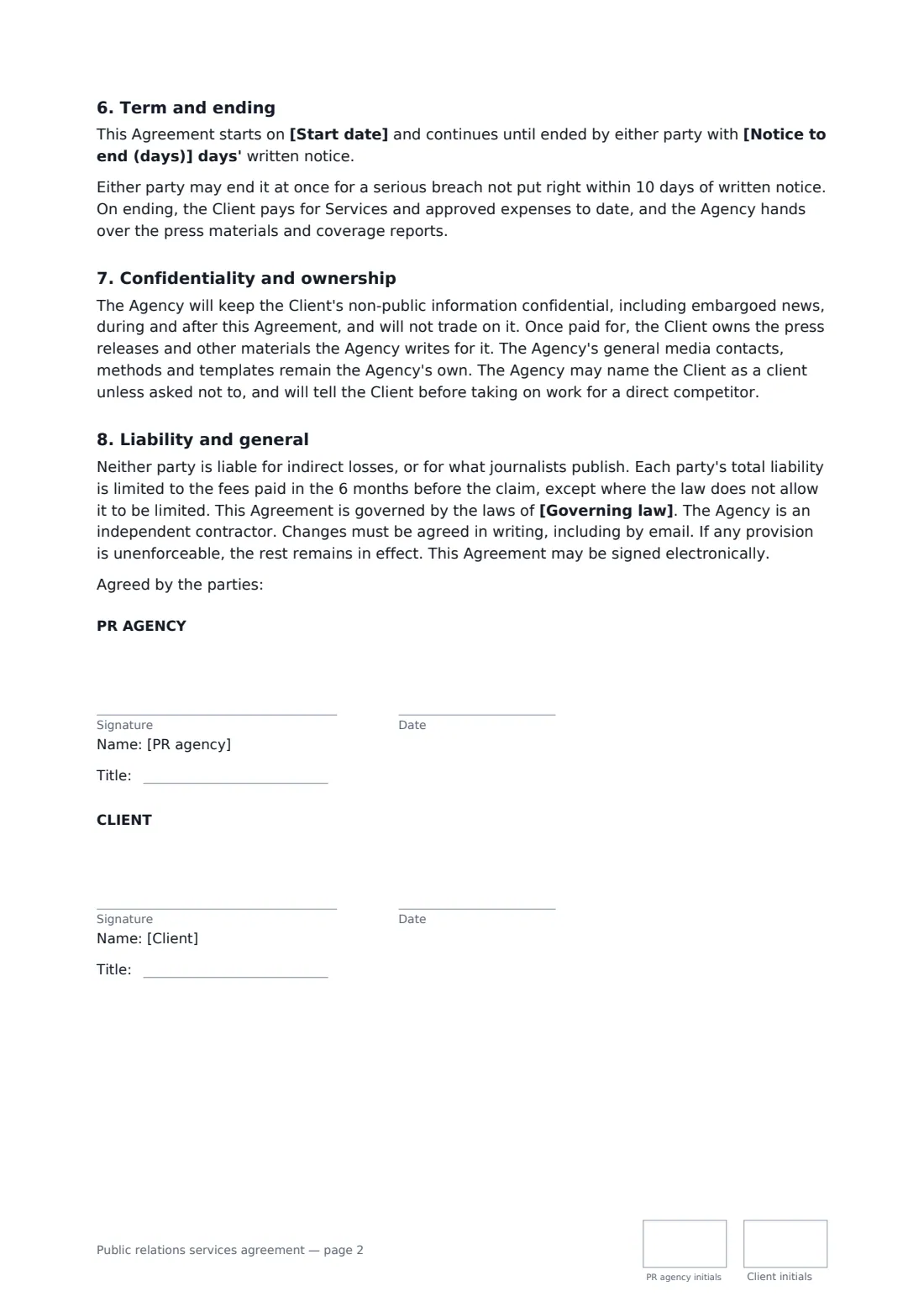 Public relations services agreement — page 2 of 2
