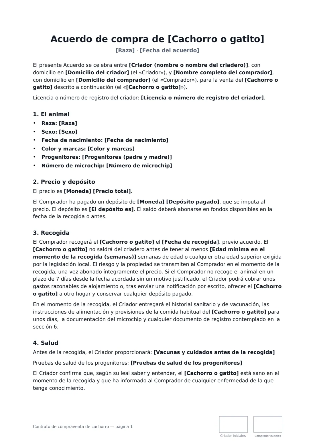 Contrato de compraventa de cachorro: página 1 de 3