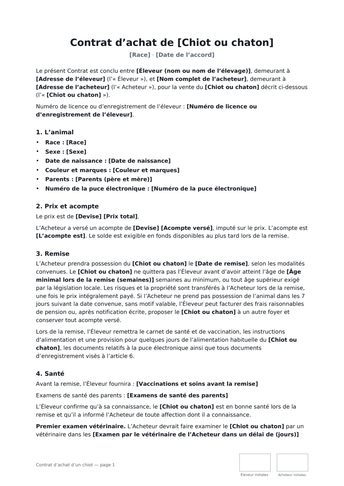 Contrat d’achat d’un chiot — page 1 sur 2