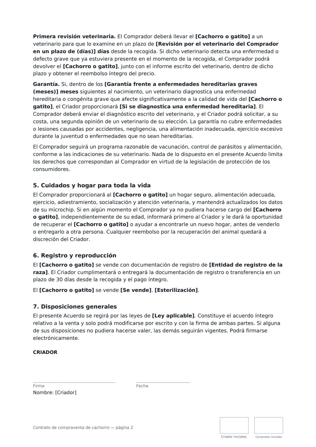 Contrato de compraventa de cachorro: página 2 de 3