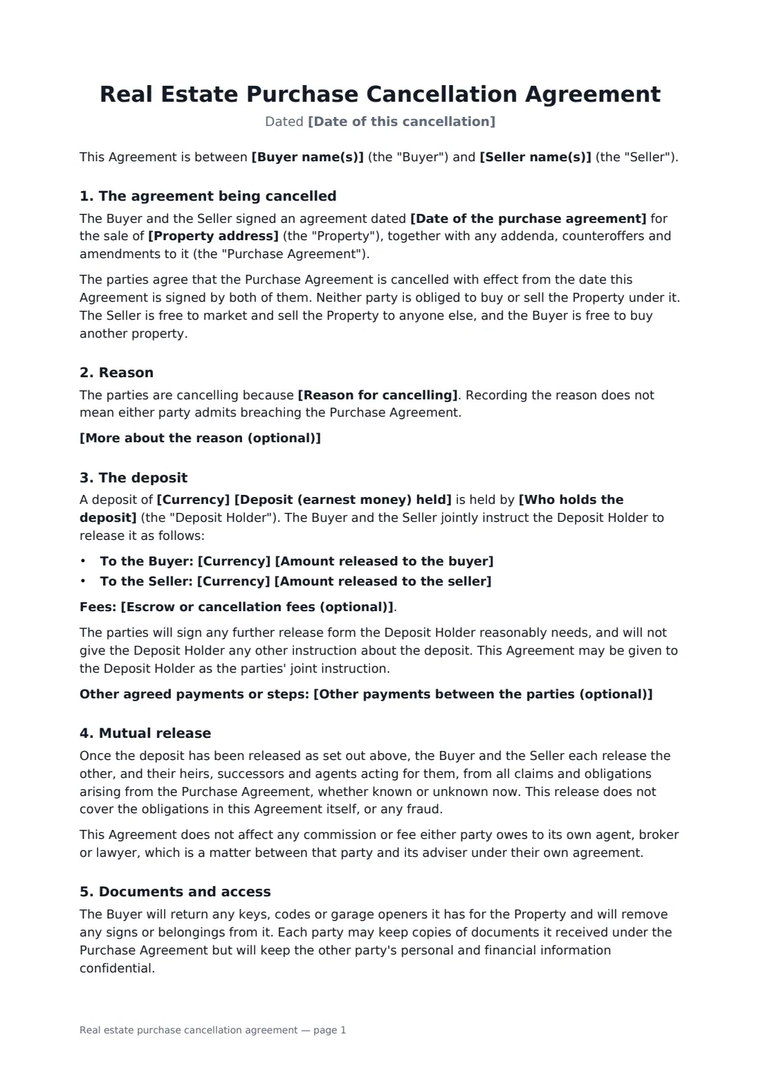 Real estate purchase cancellation agreement — page 1 of 2