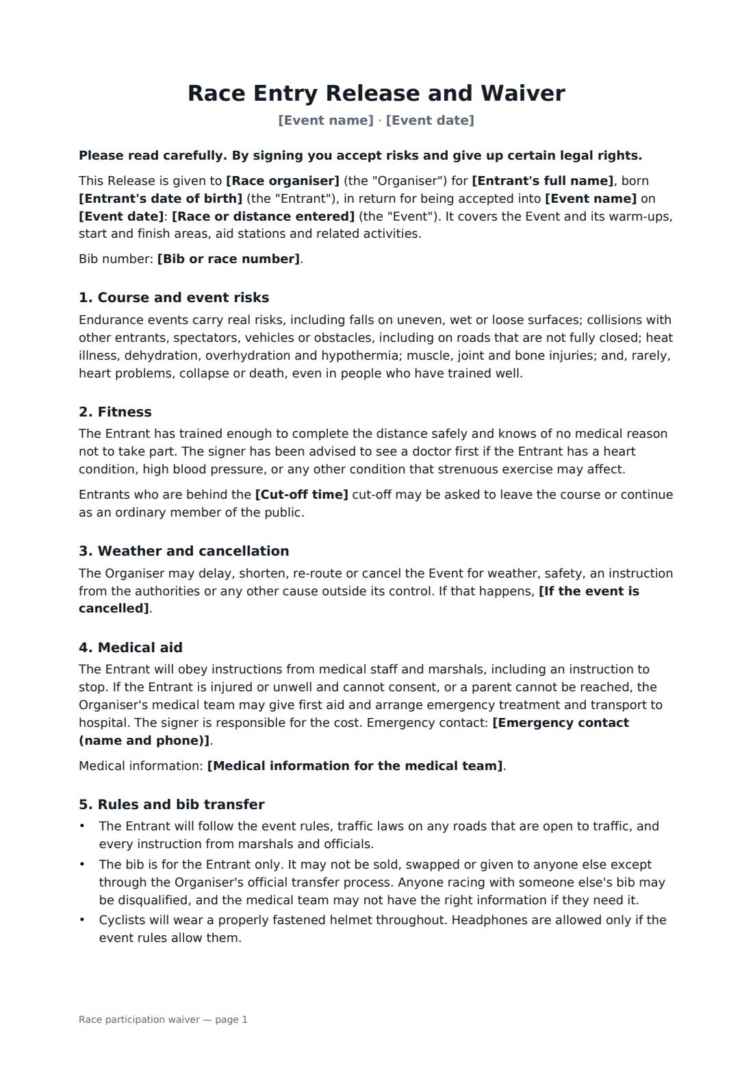 Race participation waiver — page 1 of 2