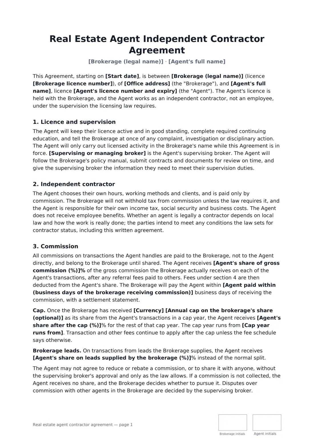Real estate agent contractor agreement — page 1 of 3
