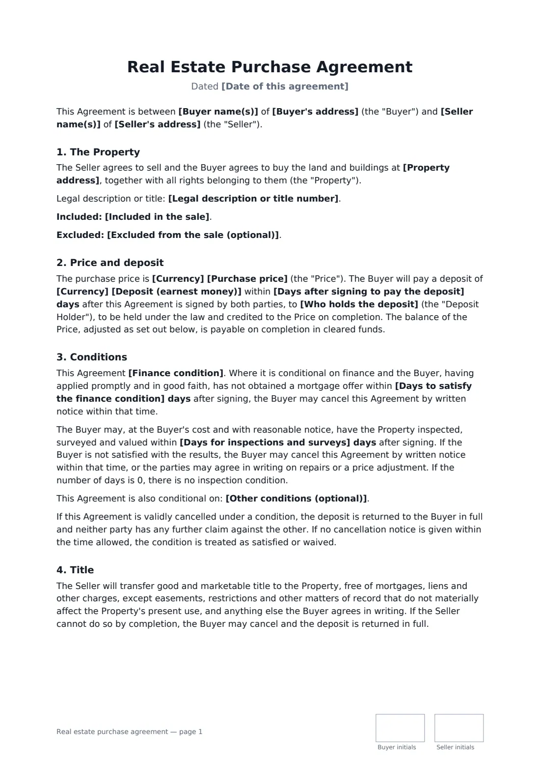 Real estate purchase agreement — page 1 of 3