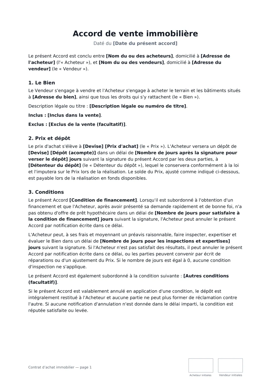Contrat d’achat immobilier — page 1 sur 3