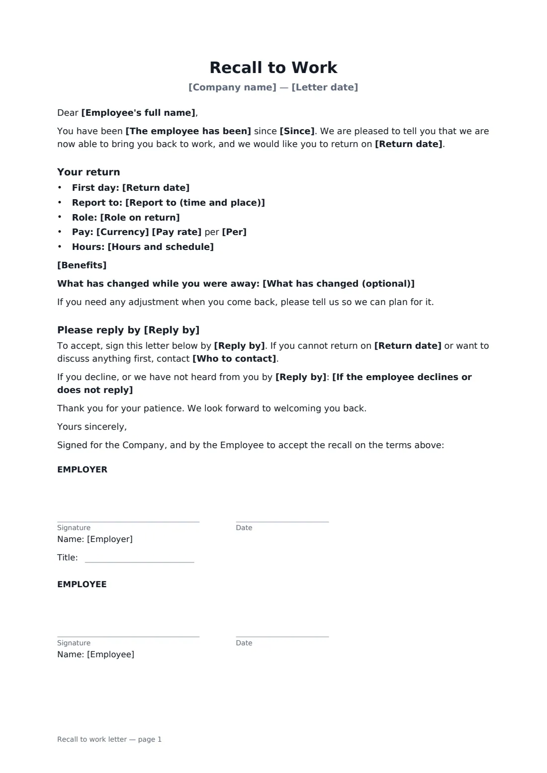 Recall to work letter — page 1 of 1