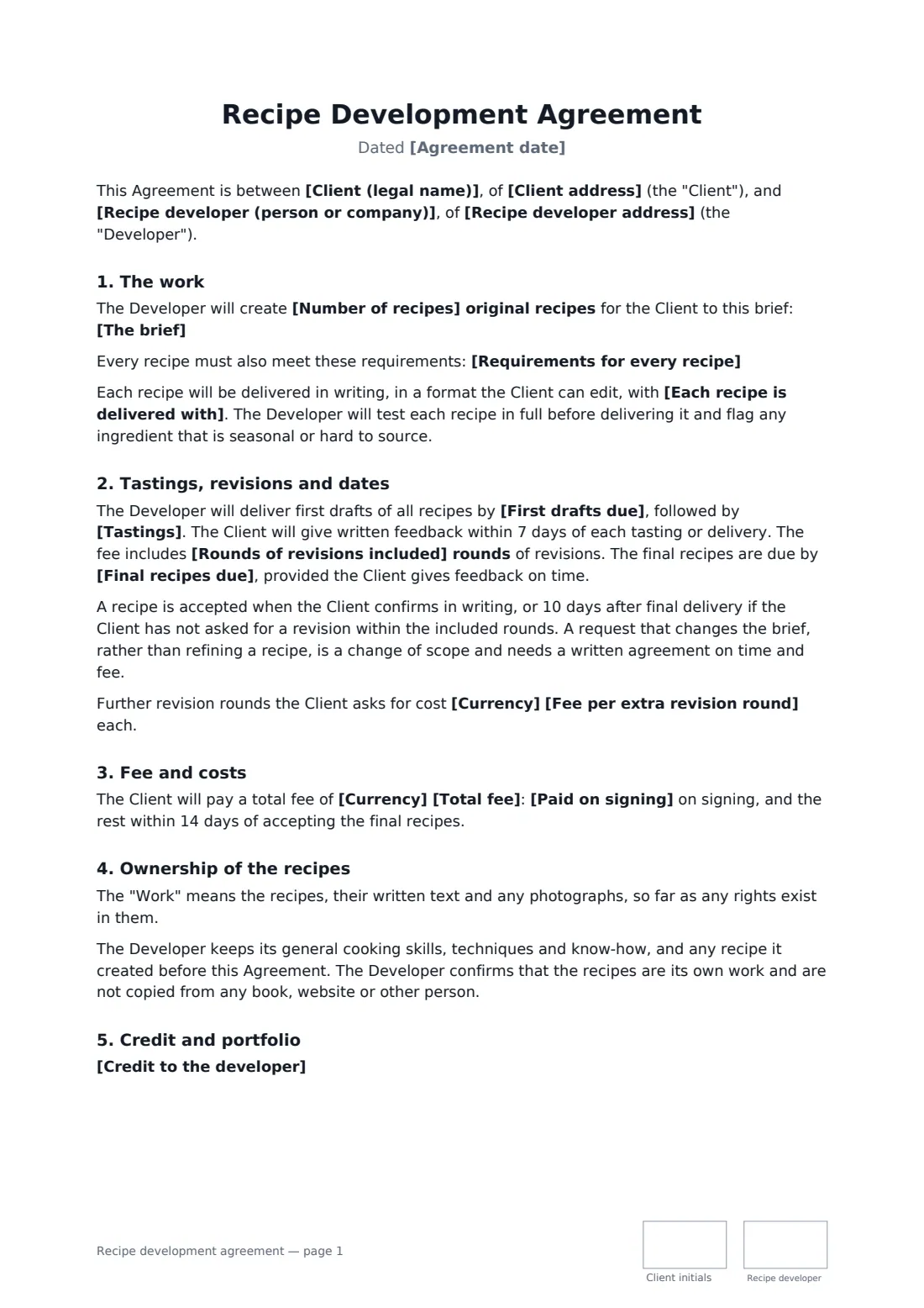 Recipe development agreement — page 1 of 2