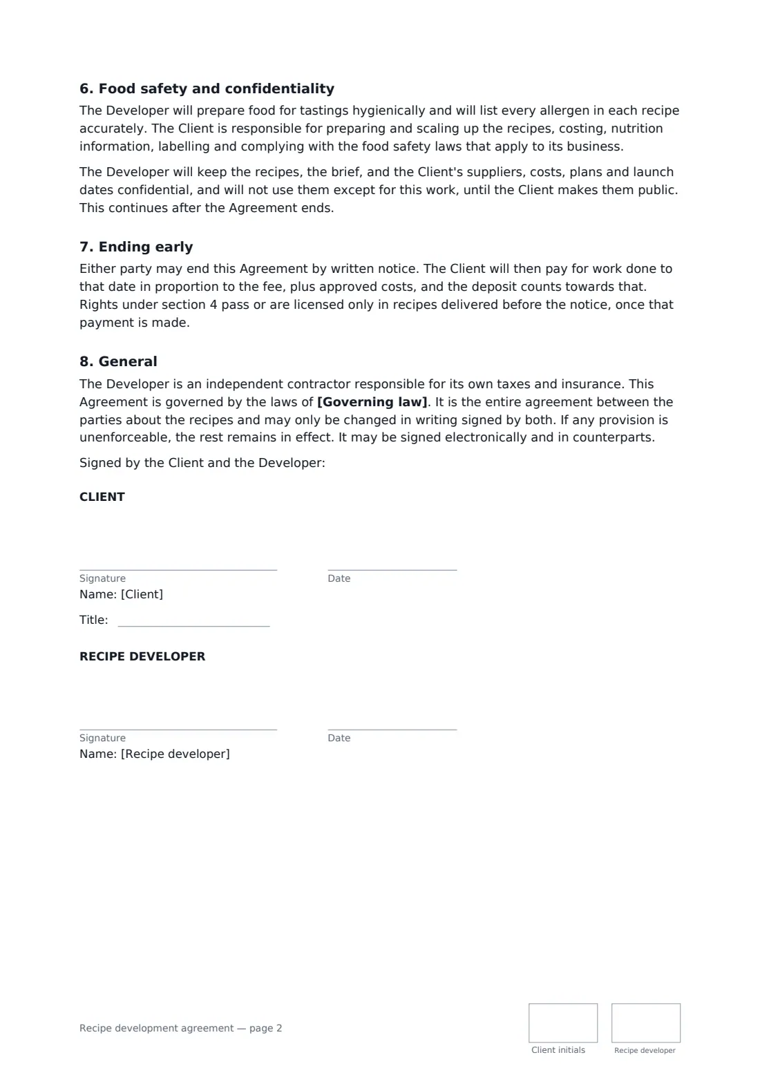 Recipe development agreement — page 2 of 2